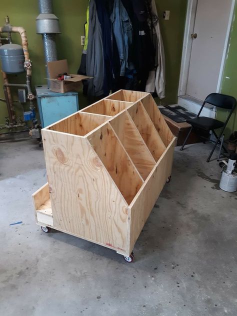 Container Woodshop, Dyi Wood Storage Garage, Portable Lumber Rack Wood Storage, Mobile Wood Storage Cart, Scrap Wood Storage Cart, Cardboard Furniture Design, Timber Storage, Lumber Storage Rack, Wood Bin