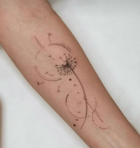 Dandelion Mandala Tattoo, Mother Daughter Tattoos Dandelion, Minimal Dandelion Tattoo, Dandelion Sun Moon Stars Tattoo, Adventurer Tattoos, Dandelions Tattoos, Brooke Tattoo, Mini Tattoos With Meaning, Dandelion Tattoo Ideas