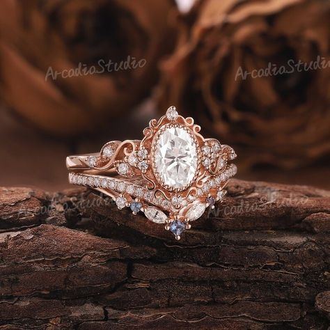 Vintage Moissanite Engagement Ring Set Floral Ring Leaf Ring Oval Moissanite Ring Rose Gold Ring Art Deco Bridal Set Promise Rings for Women - Etsy Vintage Moissanite Engagement Ring, Ring Bearer Flower Girl, Rose Gold Moissanite Ring, Pretty Engagement Rings, Vintage Inspired Engagement Rings, Oval Moissanite Ring, Moissanite Engagement Ring Set, Cute Engagement Rings, Future Engagement Rings