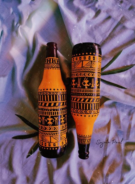 #home_decoration_ideas,simple bottle art at home simple bottle art ideas simple bottle art images simple bottle art designs #decorative_bottles, Warli Painting Ideas On Bottle, Bottle Warli Art, Bottle Art Warli Painting, Warli Art Bottle Painting, Varli Painting Art On Bottle, Cute Bottle Painting Acrylic, Worli Painting On Bottles, Warli Bottle Art, Boho Bottle Art