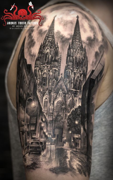 cologne dome tattoo by mehdi rasouli broken tooth tattoos Cologne Cathedral Tattoo, City Tattoo Ideas For Men, Castle Tattoos, City Tattoo Ideas, Hogwarts Castle Tattoo, Building Tattoo, Cathedral Tattoo, Germany Tattoo, Harry Potter Tattoo Sleeve