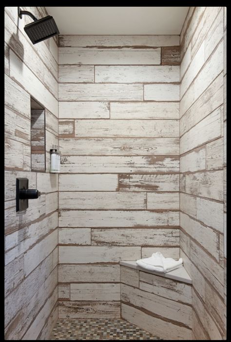 Farmhouse Doorless Showers Walk In, Farmhouse Shower Door Ideas, White Wood Tile Bathroom, White Wood Look Tile Shower Walls, Rustic Master Shower Ideas, Barnwood Tile Shower Ideas, Walk In Shower No Door Farmhouse, Shiplap Tile Shower Wall, Amazing Showers Walk In