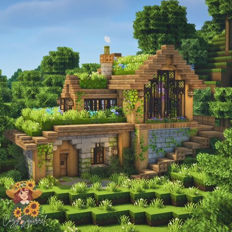 Minecraft Cottage Greenhouse, Aesthetic Greenhouse Minecraft, Flowery House Minecraft, Mc Treehouse Ideas, Minecraft Fairy Tree House, Minecraft Cottage Castle, Aesthetic Minecraft Survival House, Easy Aesthetic Minecraft Houses, Woodland Minecraft Builds