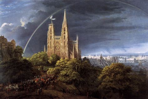 https://flic.kr/p/7CAver | Schinkel, Karl Friedrich (1781-1841) - 1815 Gothic Cathedral with Imperial Palace (National Gallery, Berlin) | Oil on canvas;   94 x 140 cm  German architect, painter, and designer, active mainly in Berlin. Schinkel was the greatest German architect of the 19th century, but until 1815, when he gained a senior appointment in the Public Works Department of Prussia (from which position he effectively redesigned Berlin), he worked mainly as a painter and stage designer. Hi Karl Friedrich Schinkel, Medieval City, Gothic Cathedrals, City Planner, Great Works Of Art, Gothic Cathedral, Caspar David Friedrich, Imperial Palace, Architecture Painting