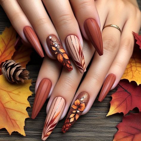 Autumn Leaves Nail Designs, Nov Nail Designs, Fall Maroon Nails Design, Burgundy And Orange Nails, Winery Nails, Boho Nails Designs Bohemian, Red Fall Nail Designs, Hand Painted Nail Designs, Fall Leaves Nails