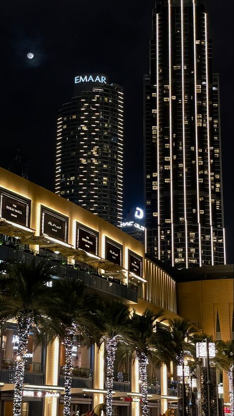 Palmtrees with lights on them by night. With a big moon, coming through the skyscrapers. Dubai Downtown Night, Dubai In Winter, Dubai Winter, Dubai Downtown, Dark Luxury, مرسيدس بنز, Beach Sunset Wallpaper, Dubai Lifestyle, Luxury Family