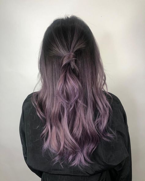 Black Lavender Hair, Purple Balayage Light Brown Hair, Purple Brunette Balayage, Ash Mauve Hair, Balayage Hair Color Ideas For Black Hair, Ash Lavender Hair Balayage, Smokey Purple Hair Balayage, Silver Purple Hair Balayage, Ash Purple Balayage