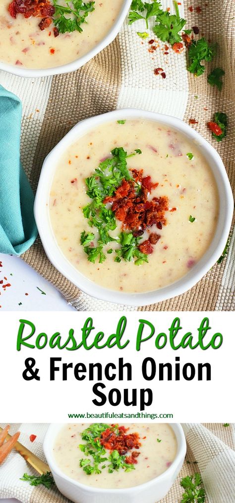 Creamy Roasted Potato & French Onion Soup - Beautiful Eats & Things French Onion Potato Soup, Food Processor Soup Recipes, Onion Potato Soup, Potato Onion Soup, Homemade Soup Recipes, Cream Of Onion Soup, Processor Recipes, Mustard Chicken Recipes, Roasted Potato