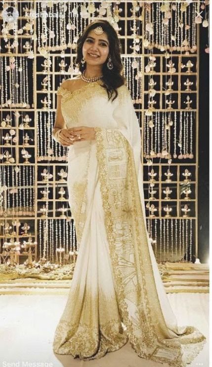 Samantha Ruth Prabhu Engagement Saree Indian Engagement Dress, Samantha In Saree, Engagement Dress For Bride, Engagement Saree, Indian Engagement, Samantha Wedding, Samantha Ruth Prabhu, Samantha Ruth, White Saree