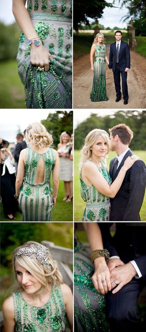 Coloured Wedding Dresses ~ Inspiration For the Bride Who Doesn't Want To Wear White  Emerald green, sequin wedding dress.  Joy by Jenny Packham  Photography by http://caughtthelight.com/philippa-james-costwolds-2/ Gatsby Hair, Emerald Dress, Reception Dresses, Colored Wedding Dress, Green Wedding Dresses, Wedding Dress Sequin, Amazing Wedding Dress, English Wedding, Offbeat Bride