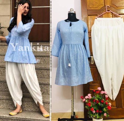 Short Kurti With Patiala Salwar, Short Kurta With Salwar, Kurti And Dhoti For Women, Dhoti Frock Dress, Simple Short Kurti Designs, Short Kurti With Salwar, Dhoti Kurta Women, Stylish Pants With Kurtis, Patiala Suit Designs