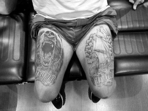 Top 73 Thigh Tattoo Ideas - [2020 Inspiration Guide] Best Thigh Tattoos, Tattoo Writing Styles, Tattoos Man, Inner Thigh Tattoos, Back Of Thigh Tattoo, Upper Leg Tattoos, Thigh Tattoo Men, Thigh Tattoo Designs, Tattoo Wedding Rings