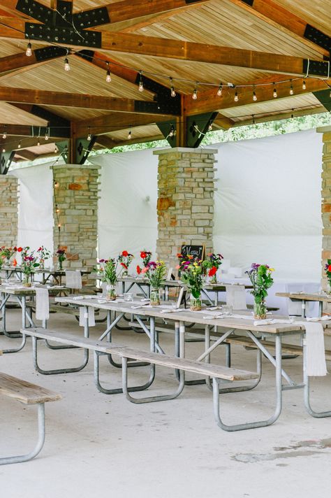 Pavillion Bridal Shower Ideas, Forest Preserve Party, Park Pavilion Decor, Park Pavillion Wedding Reception, Shelter House Wedding Reception, Picnic Pavilion Wedding, Park Wedding Ideas Pavilion, Outdoor Pavillion Wedding Reception, Forest Preserve Wedding