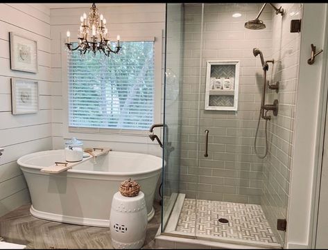 Bathroom Ideas With Freestanding Bath, Laundry Master Bath Combo, Farmhouse Soaker Tub, Bathrooms With Soaker Tubs, Master Bath Tub Shower Combo, Shower And Free Standing Tub, Modern Country Bathroom, Full Bathroom Remodel, Bathroom Redesign