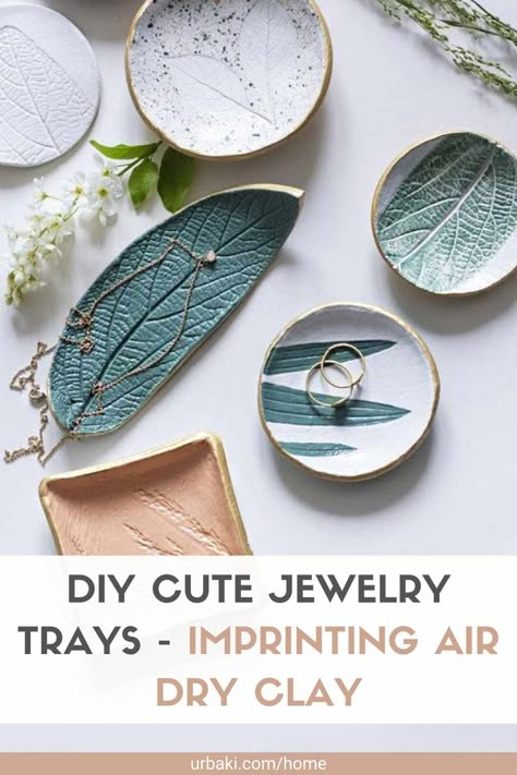 If you are looking for something different, why not try using some natural leaves as air-dry clay stamps. You can quickly create beautiful items, from ornaments to home decor. These beautiful jewelry trays will look amazing in your bedroom or anywhere you want to place them to store all your jewelry in one place, and with this tutorial, you will find that they are so easy to make! Air-drying clay is a versatile product that can be used in many craft projects. Air-drying clay does not need to... Air Dry Clay Stamps, Fimo Air Dry Clay, Air Clay Projects Home Decor, Air Dry Clay Leaves, Air Dry Clay Jewellery Handmade, Home Clay Projects, Easy Clay Ideas Air Dry, Air Dry Clay Dishes, Quick Dry Clay