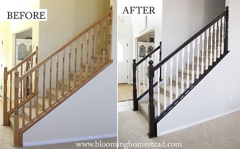 DIY Stair Railing Makeover - Page 2 of 2 - Blooming Homestead Painted Staircases With Carpet, Oak Bannister, Bannister Ideas, Stair Bannister, Banister Ideas, Banister Remodel, Painted Staircase, Oak Banister, Stair Railing Makeover