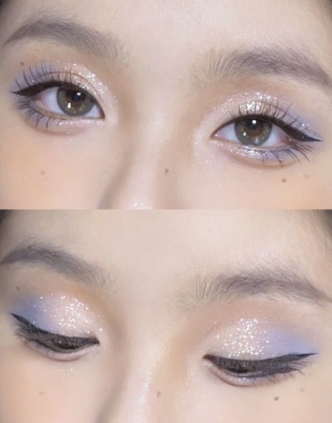 Makeup With Ice Blue Dress, Periwinkle Makeup Looks For Prom, Dusty Blue Eyeshadow, Txt Concert Makeup Ideas, Winter Skin Tone Makeup, Blue Doyun Makeup, Blue Princess Makeup, Light Blue Douyin Makeup, Cute Blue Makeup Looks