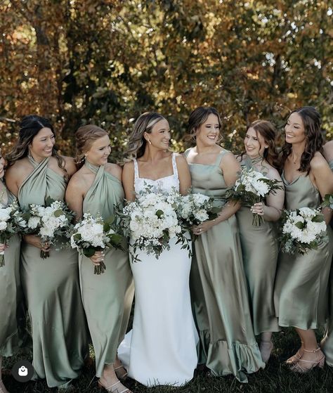 Bridesmaid Dress Color Schemes, Wedding Theme Color Schemes, Printed Bridesmaid Dresses, Olive Green Weddings, Brown Bridesmaid Dresses, Wedding Color Pallet, Sage Bridesmaid Dresses, Wedding Parties Colors, Sage Green Bridesmaid Dress