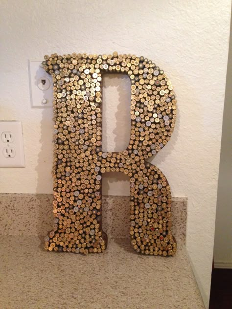 Bullet recycling! Crafting with wooden letters, hot glue and empty shell casings! Initial perfect for den, kitchen or man cave! Bullet Shell Crafts, Gifts For Inlaws, Shell Casings Crafts, Bullet Casing Crafts, Shotgun Shell Crafts, Bullet Crafts, Bullet Art, Bullet Shell, Bullet Casing