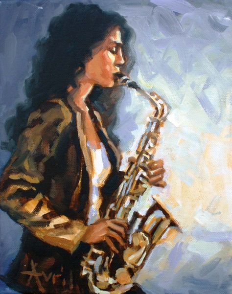 Avril Hattingh Woman Playing Saxophone, Sax Aesthetic, Piano Portraits, Music Painting Ideas, Saxophone Painting, Saxophone Drawing, Saxophone Aesthetic, Jazz Aesthetic, Saxophone Art