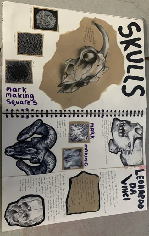 Skeleton Sketchbook Page, Vanitas Gcse Art Sketchbook, Skeleton Art Gcse, Skull Sketchbook Page, Artist Sketchbook Pages, Skull Gcse Art Page, A Level Art Sketchbook Still Life, Leaving Cert Art Sketchbook, Gcse Art Layers