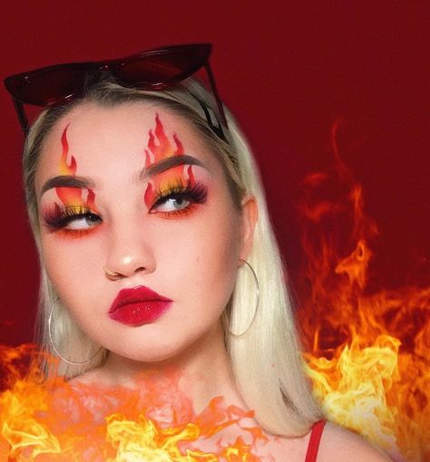 Diy Flame Costume, Fire Makeup Ideas, Fire Makeup Look Easy, Fire Themed Makeup, Fire Halloween Makeup, Hot Cheetos Costume, Crazy Eye Makeup Creative, Firefighter Makeup, Fire Element Makeup