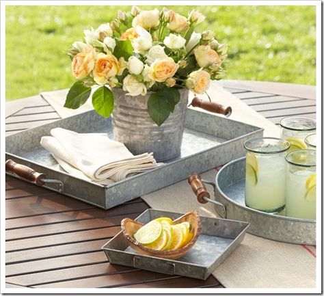 trays Galvanized Serving Trays, Galvanized Tray, Ladies Brunch, Galvanized Buckets, Ladies Luncheon, Coastal Kitchen, Modern Outdoor Furniture, Metal Trays, Industrial Revolution