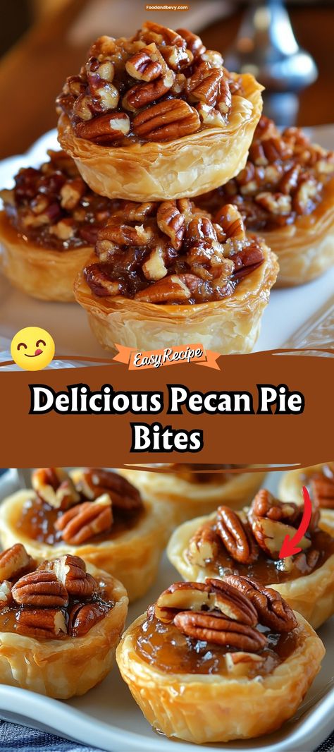 Pecan Pie Bites via @recipesforfamily12 Desserts For A Banquet, Gluten Free Mini Pecan Pies, Mini Pecan Pies Recipe, Mini Pecan Cheesecake Bites, Mini Pear Pies, Pecan Pie Tassies Recipe, Appetizer Recipes With Pie Crust, Mini Pie Appetizers, Miniature Pecan Pies