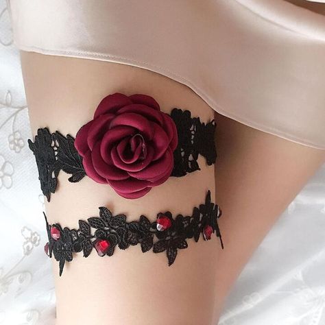 1set Sexy Black Lace Bridal Garter Belt Set, Wine Red Flower & Rhinestone Decorated Wedding Leg Garter Foot Jewelry | SHEIN USA Crystal Garter, Vampire Wedding, Lace Wedding Garter Set, Thigh Garter, Bridal Garter Lace, Lace Garter Set, Black Garter, Wedding Garter Lace, Bridal Garters Set