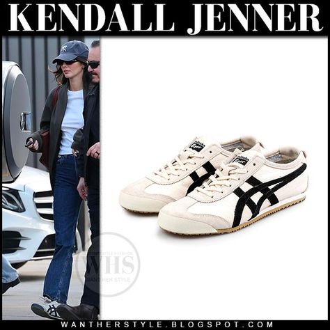 Kendall Jenner in white tee, dark blue Khaite Danielle jeans and sneakers Onitsuka Tiger Sambas Kendall Jenner, White Onitsuka Tiger Women Outfit, White Onitsuka Tiger, Onitsuka Tiger Shoes Outfit, Onitsuka Tiger Celebrities, Kendall Jenner Sneakers, Tiger Onitsuka, Ootd Onitsuka Tiger Women, Onitsuka Outfit