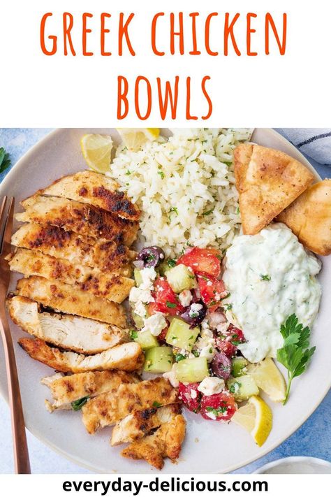 German Potato Dumplings, Greek Chicken Bowls, Chicken White Sauce, Tzatziki Chicken, Salad Appetizer Cups, Chicken Bowls, Chicken Rice Bowls, Quick Salads, Lemon Rice