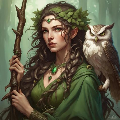 female half-elf druid with long dark tousled curls bright green eyes pale skin green and brown clothing with vine jewelry holding an owl and... - AI Generated Artwork - NightCafe Creator Green Eyes Pale Skin, Half Elf Druid, Potion Seller, Female Wizard, Toy Character, Dnd Elves, Body Inspired, Elf Druid, Fantasy Witch