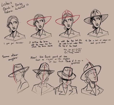 Wearing A Hat Drawing Reference, How To Draw Top Hat, How To Draw Fedora Hat, Fedora Art Reference, How To Draw Wizard Hat, Character With Hat Drawing, Fedora Hat Reference, Tipping Cowboy Hat Pose, Neck Bandana Drawing Reference