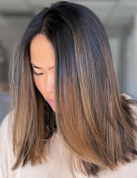 Chestnut Brown Ombre on Asian Straight Hair Asian Straight Hair, Straight Hair Color Ideas, Balayage On Straight Hair, Bronze Balayage, Ideas For Straight Hair, Straight Hair Color, Rebonded Hair, Balayage Asian Hair, Haircuts For Straight Hair