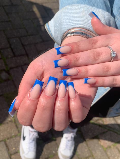 French Nails Royal Blue, Square Nails Blue French, Acrylic Nail Designs Coffin Royal Blue, Nails Inspiration Black And Blue, Blue French Square Nails, Blue Square Tip Nails, Square Nails Blue French Tip, Blue Nails Ideas Square, Nails Inspiration Summer Square