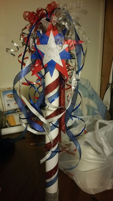 Spirit Stick Red, White, and Blue Spirit Sticks For School, Spirit Stick Decorating Ideas, Homecoming Spirit Sticks, School Spirit Stick, Cheer Spirit Stick Ideas, Cheer Spirit Sticks Diy, How To Make A Spirit Stick, Spirit Stick Ideas, Spirit Stick Ideas Diy