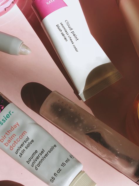 Glossier Haze Cloud Paint; Birthday Balm Dotcom   MAC Clear Brow Gel Birthday Balm Dotcom, Cloud Paint, Clear Brow Gel, Glazed Donut, Balm Dotcom, Donut Glaze, Cloud Painting, Brow Gel, Paint Colors