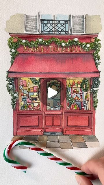 Urban Anna Studio on Instagram: "Christmas in Paris, who wouldn’t want to go 🥰  🔵 the blue paint is masking fluid from @schmincke_official!  . #christmasillustration #christmaswatercolor #watercolorillustration #watercolourillustration #shopfrontillustration #urbanillustration #architectureillustration #storefrontillustration #shopfronts #soothingvideo #coloringtherapy #arttutorial #artreel #artvideo #watercolortutorial #coloringtutorial #coloring #coloringpage  #visitparis #redfacade #christmasinparis #noeldeparis #schminckefan #schminckeontour #schminckeontourchristmasillustration" Urban Anna, Art Boutique, Shop Fronts, Coloring Tutorial, Visit Paris, Instagram Christmas, December 16, Architecture Illustration, 2023 Christmas