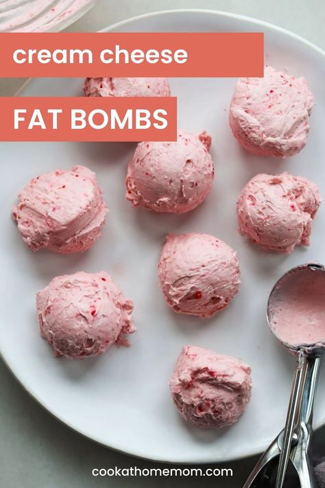 Made with just four ingredients in 10 minutes, these Keto Strawberry Cheesecake Fat Bombs are a delicious and super simple dessert, with just 1 net carb! #ketorecipes Strawberry Fat Bomb Snacks Keto, Fat Bomb Snacks For Kids, Keto Cheesecake Balls, Keto Strawberry Cheesecake, Cream Cheese Ball, Snack Craving, Fat Bomb, Yummy Healthy Snacks, Easy Cream