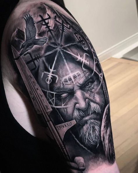 Odin Tattoo, Thor Tattoo, Shoulder Armor Tattoo, Warrior Tattoo Sleeve, Viking Warrior Tattoos, Norse Mythology Tattoo, Viking Tattoo Sleeve, Catrina Tattoo, Armor Tattoo