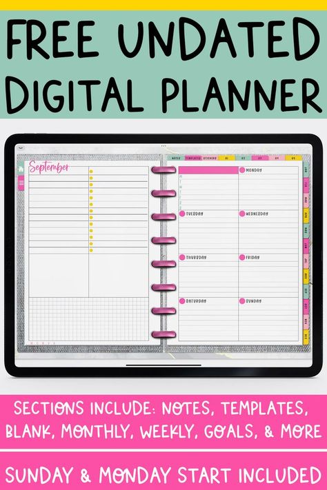 Grab this free digital undated planner to keep yourself organized this year. It's undated so you can use it at any time since it is undated. It has tons of extras including page templates, goal section, habit tracker, notes sections, blank sticker section, and so much more. It's perfect to use in the Goodnotes App, Notability, Zoom Notes, and more. Blank Digital Planner, Free Planner Templates 2025, Undated Monthly Planner Printables Free, Gtd Planner Free Printables, Undated Planner Printables Free, Digital Planner Pages Free, Digital Planner Covers Free, Free Digital Planner Samsung Notes, Free Digital Planner 2025