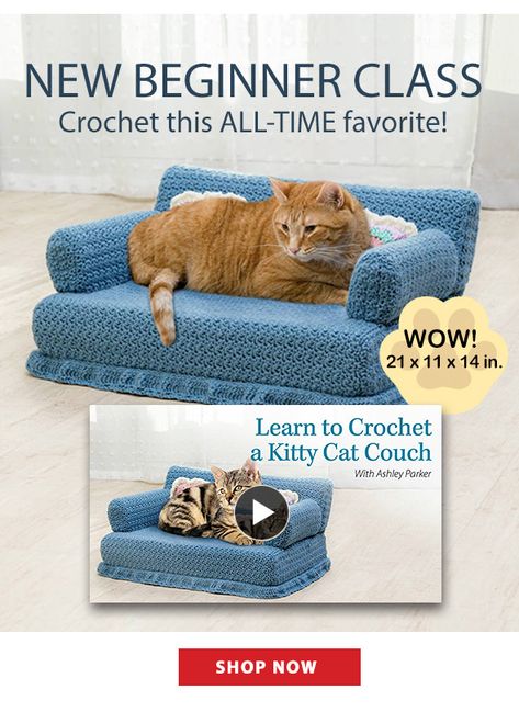 Annie's Craft Store Kitty Couch, Crochet Cat Bed, Cat Couch, Single Crochet Decrease, Cozy Couch, Crochet Decrease, Learn How To Crochet, V Stitch, Double Crochet Stitch