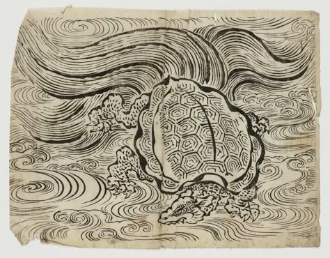 An eighteenth-century Japanese woodblock print depicting the turtle of longevity (minogame). (Museum of Fine Arts, Boston) Japanese Turtle, Dragon Turtle, Turtle Tattoo Designs, Japanese Animals, Japan Tattoo Design, Japanese Drawings, Japanese Art Prints, Arte Punk, Turtle Tattoo