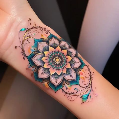 20 Elegant Mandala Wrist Tattoo Ideas For You Wrist Cover Up Tattoos For Women, Mandela Tattoo Design, Mandala Tattoo Sleeve Women, Colorful Mandala Tattoo, Arm Tattoos For Women Forearm, Inner Wrist Tattoos, Mandala Wrist Tattoo, Tattoo Colors, Small Mandala Tattoo