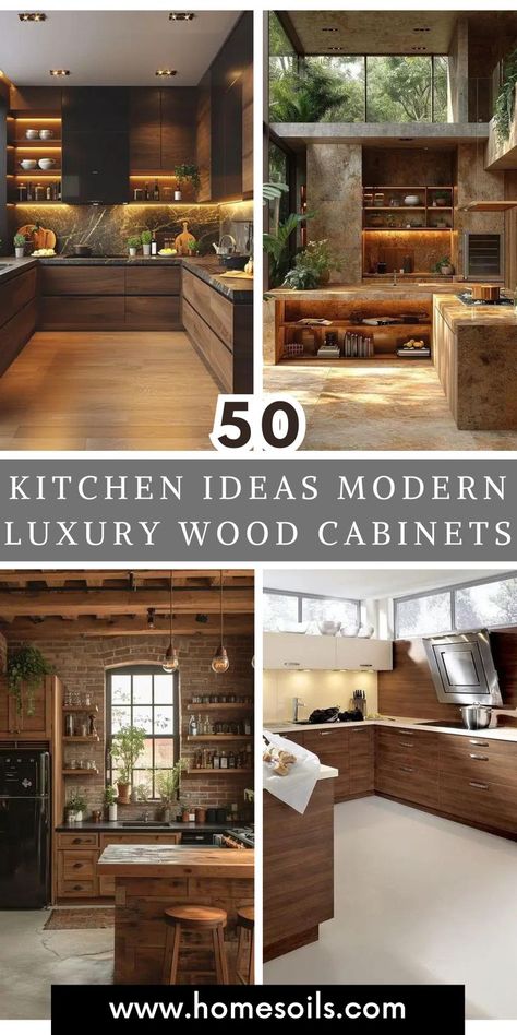 Discover 50 modern luxury kitchen ideas featuring stunning wood cabinets! From sleek, minimalist designs to rich, textured finishes, these kitchens blend natural warmth with contemporary style, offering elegant storage solutions and a luxurious, timeless feel for your dream cooking space. Burl Wood Kitchen Cabinets, Brown Wood Kitchen Ideas, Mountain Kitchen Design, Luxury Mountain Home Kitchen, Kitchen Wall Colors With Wood Cabinets, Modern Dark Wood Kitchen Cabinets, Hawaiian Kitchen Design Ideas, Modern Cabin Kitchen Ideas, Walnut And Black Kitchen