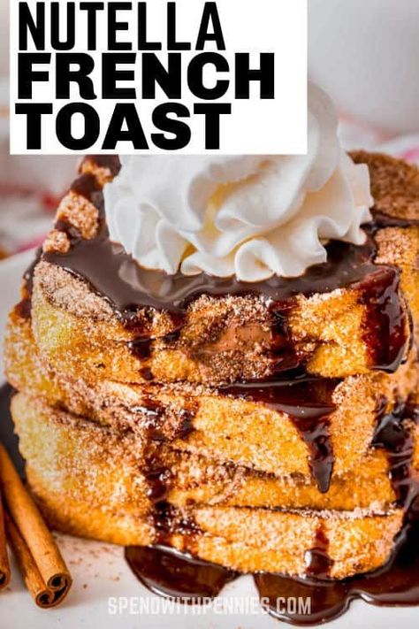 Creamy and chocolatey Nutella French Toast is a tasty treat worth making. This recipe is easy to make into churros or French Toast rolls, too. #spendwithpennies #nutellafrenchtoast #breakfast #dessert #recipe #stuffed #bread #howto #make #easy #rolls Nutella Breakfast Recipes, Nutella Stuffed French Toast, Stuffed French Toast Recipe, Sweet French Toast, Recipes Brunch, Toast Pizza, French Toast Rolls, Nutella French Toast, Stuffed Bread