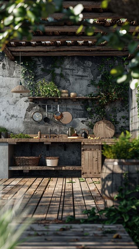 Industrial Outdoor Kitchen, Country Outdoor Kitchen, Industrial House Design, Rustic Outdoor Kitchen, Kitchen Designs Ideas, Rustic Outdoor Kitchens, Industrial Outdoor, Outdoor Cooking Spaces, Modern Outdoor Kitchen