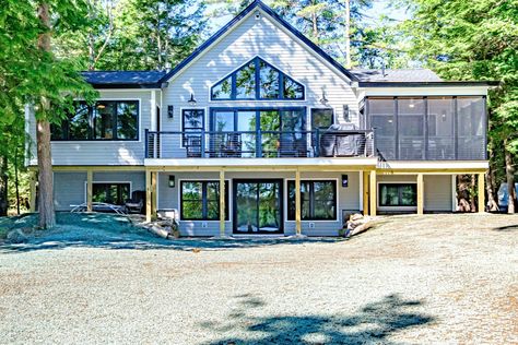 Photo Gallery - Main Eco Homes Above Ground Basement Exterior, Modular Lake Homes, Walkout Barndominium, 6 Bedroom Lake House Plans, Full Basement Ideas Floor Plans, Lakehouse Design Ideas, Classic Lake House Interior Design, River Front Homes, Modern Farmhouse Lake House