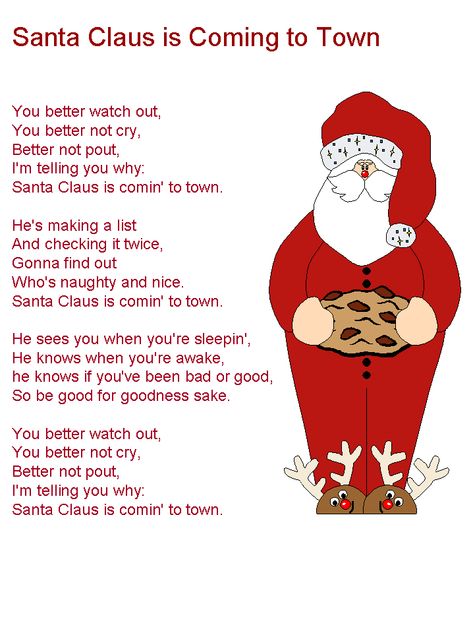 Santa Claus is Coming to Town lyrics Preschool Christmas Songs, Christmas Carols Lyrics, Christmas Carols Songs, Christmas Songs For Kids, Christmas Songs Lyrics, Xmas Songs, Christmas Lyrics, Classroom Songs, Songs For Toddlers