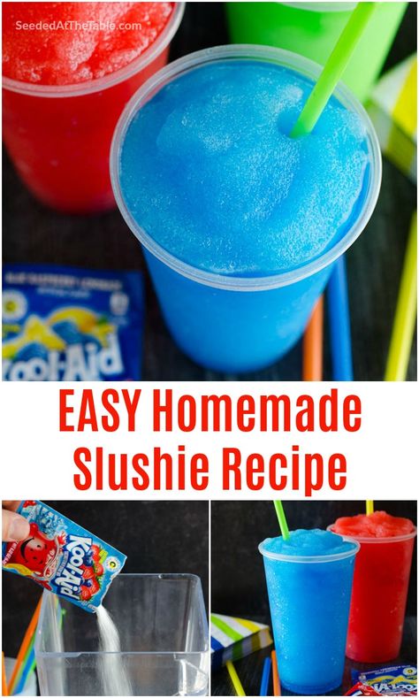 Learn how to make a slushie in your blender at home with just 4 ingredients. This homemade slushie recipe, using Kool-aid powder, is a summertime favorite and comes together in less than 5 minutes! Homemade Slushie, Homemade Slushies, Kid Drinks Recipes, Slushy Drinks, Slushie Recipe, Recipe For Kids, Drink Recipes Nonalcoholic, Smoothie Drink Recipes, Kid Drinks